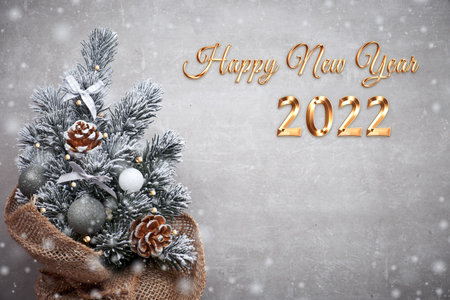 2022 Happy New Year text. Small Christmas tree in sackcloth decorated with red baubles and berries...