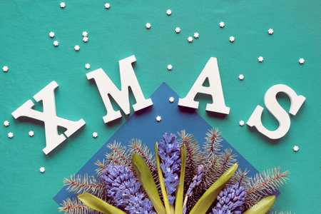 Large white wood letters, word Xmas. Sugar snow. Blue purple hyacinth flowers, fir twigs on blue paper triangle. Winter seasonal decorations. Geometric textile and paper background, top view.の写真素材