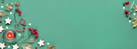 Wintertime panoramic banner . Natural low impact Xmas decor. Christmas background in mint green,...