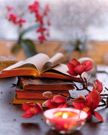 Wintertime with candle on stack of old books. Sunset window with orange glow, pink and fuchsia orchid and magnolia flowers. Aromatic candles, tea light. Romantic indoor background in warm sunset glow.の写真素材