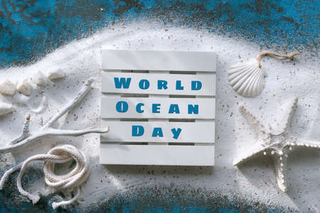 World Oceans Day text. Background with white sand on turquoise blue with shells, starfish, cordの写真素材