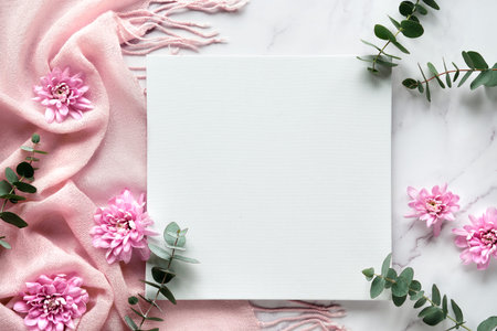 Happy Valentine. Canvas mockup with eucalyptus twigs and pink chrysanthemum flowers on pink scarf.