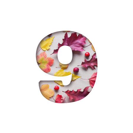 Number eight shape cut out of white paper. Red, yellow, orange Autumn leaves, berries on beige paper