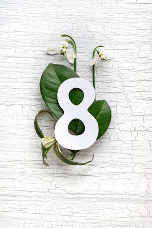 March 8, International Womens Day. Paper number eight outline. Snowdrop flowers and leaves.の写真素材