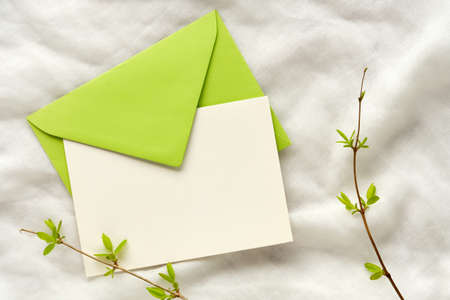 Spring background with green envelope and blank off white paper card, copy-space. Fresh spring leaves on twigs. Ivory textile backdrop.の写真素材