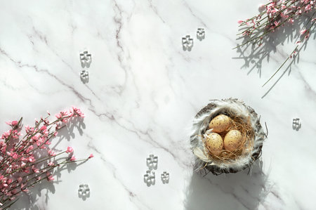 Easter background with eggs in nest. Small pink spring flowers on off white marble table. Top view,...