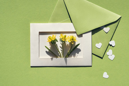 Spring green flat lay background. Paper envelope with greeting card and yellow erranthis flowers, heart confettiの写真素材