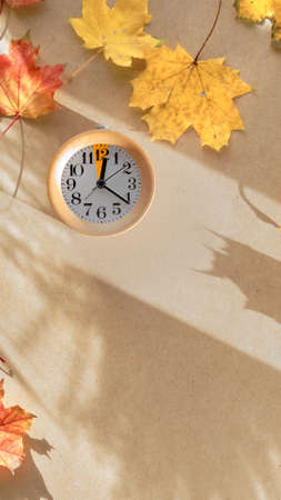Time change in Autumn. Text Fall Back on blackboard, chalk board. Wooden alarm clock with one hour mark with dry Fall leaves on recycled cardboard.の写真素材
