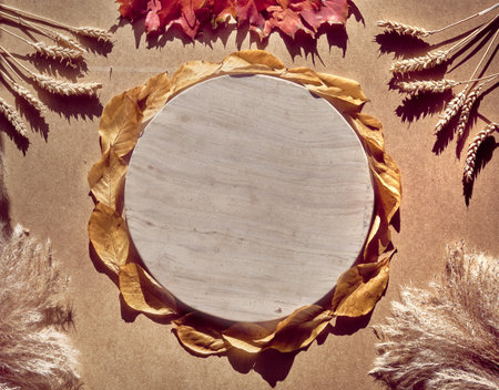 Autumn mockup with empty circle stone board with space for your text, product. Fall leaves, pampas grass and wheat ears on beige cardboard background.の写真素材