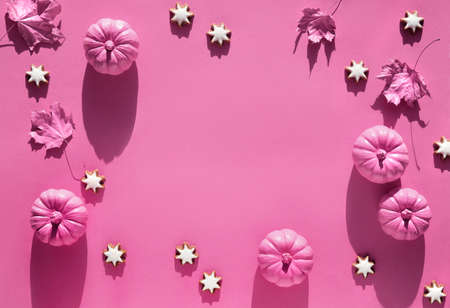 Monochromatic flat lay, magenta pumpkins. Dry Fall leaves painted metallic pink, copy-spaceの写真素材