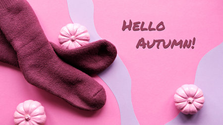 Decorative Fall pumpkins and warm socks. Hello Autumn text on pink and purple paper background.の写真素材