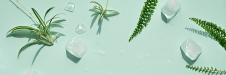 Summer mint green background with cold frozen ice cubes and leaves of house plants.