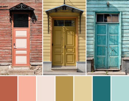 Color matching palette from image of old wooden doors with withered peeling paint in Tartu, Estoniaの写真素材