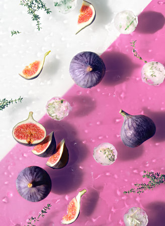 Water background with fresh ripe fig fruits and slices swimming in water. Ice balls with herbs,...