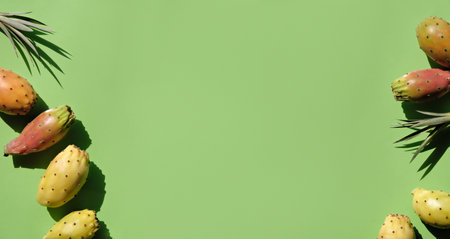 Healthy cactus fruits on green backdrop. Panoramic banner with line of yellow, orange prickly pears and leaves. Direct sunlight with shadows. Exotic fruit background, flat lay.の写真素材