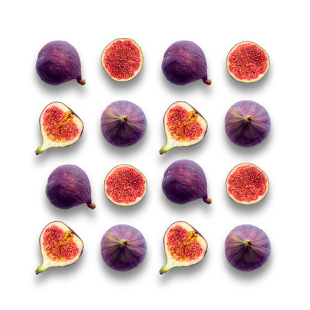 Fig fruits, whole and cut in half, seamless vibrant grid pattern on white color backgroundの写真素材