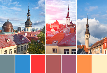 Color matching palette from images of Tallinn Old Town in Estonia. Town Hall, wall towers, historic facades and roofs of ancient buildings.の写真素材
