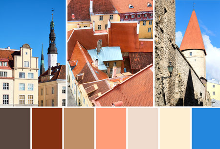 Color matching palette from images of Tallinn Old Town in Estonia. Town Hall, wall towers, historic facades and roofs of ancient buildings.の写真素材