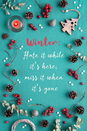 Natural low impact Xmas decor. Christmas background in turqiouse and red, copy-space. Flat lay,...