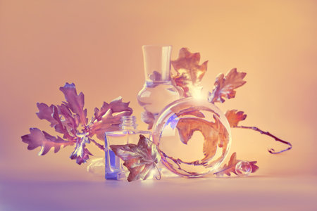Biophilic Autumn background. Gilded gold maple leaves distorted by transparent glass jars, small bottles. Monocholored orange beige floral elements with reflections.の写真素材