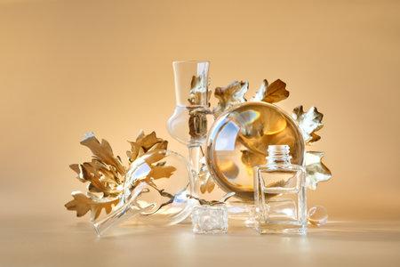 Biophilic Autumn background. Gilded gold maple leaves distorted by transparent glass jars, small bottles. Monocholored orange beige floral elements with reflections.の写真素材