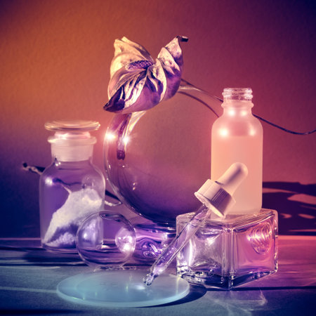 Moisturizing serum mockup with blank bottle. Serum in milky white glass vial with pipette. Glass...