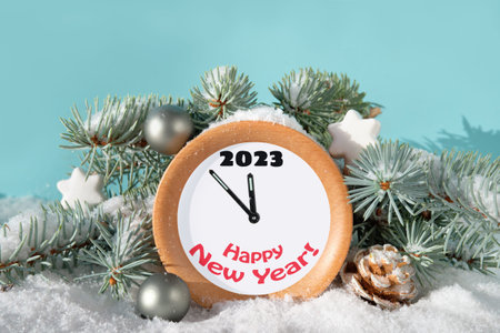 2023 Happy New Year test on wooden circle, round frame. Frame surrounded by fir twigs, cones,white...