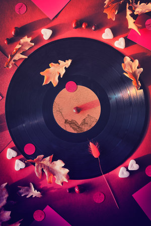 Vintage vinyl records in paper sleeves on black background and paper sleeves. Yellow oak leaves on red background with Autumn decorations. Sugar hearts, cranberry berry. Vintage retro music.の写真素材