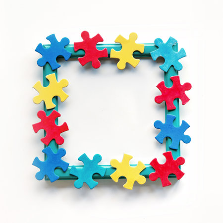 Autism Awareness Day, World Autism Day, square frame with puzzle pieces, copy-space. Design element or background for flyer, poster for Health Care Autism Awareness campaign.の写真素材