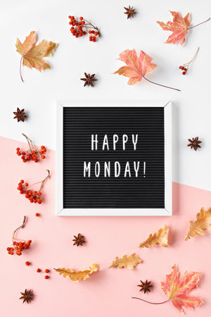 Happy Monday greeting text on text board. Autumn leaves, spices and rowan berry, flat lay composition. Fall seasonal background. Headline, title, greeting phrase for social media stories.の写真素材