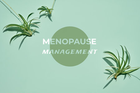 Menpause management banner, card design. Tradescantia plants on mint green background. Flat lay, top view from above.の写真素材