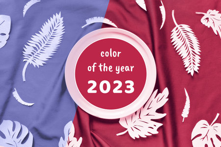 Viva Magenta color of the year 2023. Trendy top view on circle plate with text. Trendy textile background with exotic paper leaves.の写真素材