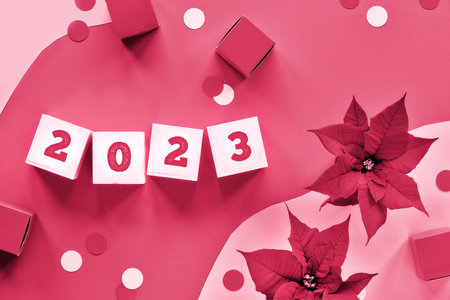 2023 Christmas festive background. Viva Magenta color of the year 2023. Poinsettia, cubes with numbers 2023.の写真素材