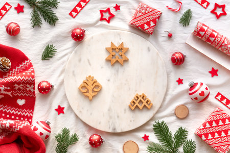 Latvian Yule, Christmas. Ethnographic symbols and patterns from Latvia, wood amulets, wrapping paper, gift boxes with fir tree and berries. Baltic seasonal patterns in red on white textile.の写真素材