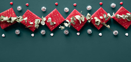 Wintertime red decorative border with gift boxes, disco balls and eucalyptus. Flat lay on blue linen...