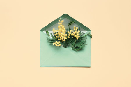 Fresh mimosa flowers in paper envelope, flat lay, top view on pale yellow background. Design for...