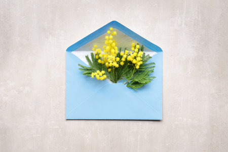Fresh mimosa flowers in paper envelope, flat lay, top view on pale yellow background. Design for birthday, spring invitation, March 8 International Womens Day.の写真素材
