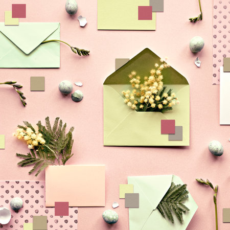 Easter background. Mimosa and freesia flowers, mint green envelopes and color paper on beige background. Flat lay, overhead, knolling, neatly arranged springtime decor.の写真素材