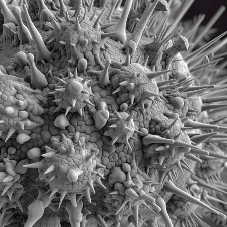 Virus, extreme close-up on viral external architecture, proteins and spikes, AI generativeの素材