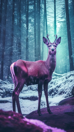 Reindeer in front of frozen waterfall with vibrant illumination by polar lights. AI generativeの写真素材