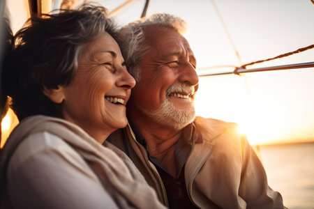 Senior Latino Couple in Love on Yacht at Sunset, AI Generativeの素材