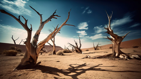 A group of dead trees in a desert. AI generative image.の素材