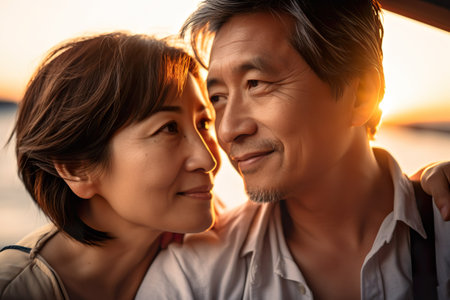 Senior Couple in Love on Yacht at Sunset, AI Generativeの素材