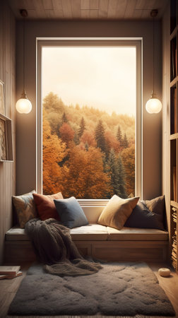 A room with a window and a couch with pillows. AI generative image. Norway houseの素材