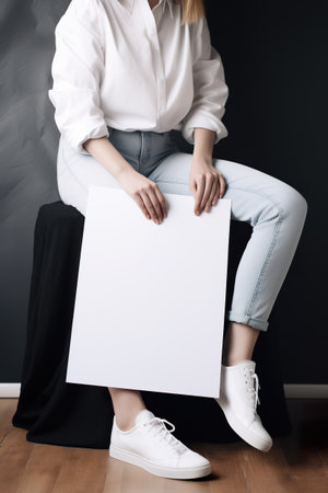 A woman sitting on a chair holding a sign. AI generative image. Paper poster mockupの素材