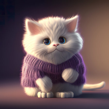 A white cat wearing a purple sweater. AI generative image.の素材
