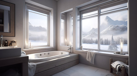 A bathroom with a large tub and a large window. AI generative image. Norway houseの素材