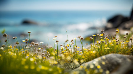 A close up of a field of flowers near a body of water. AI generative image.の素材