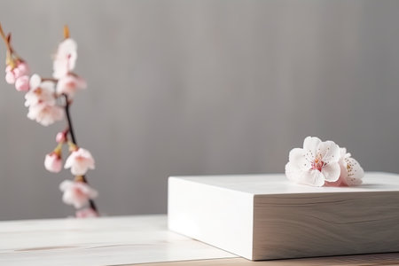 Empty Podium for Beauty Product with Almond Blossoms, AI Generativeの素材