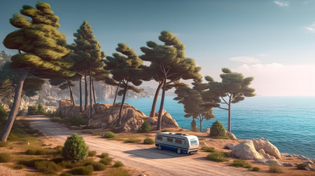 A van driving down a dirt road next to the ocean. AI generative image.の素材